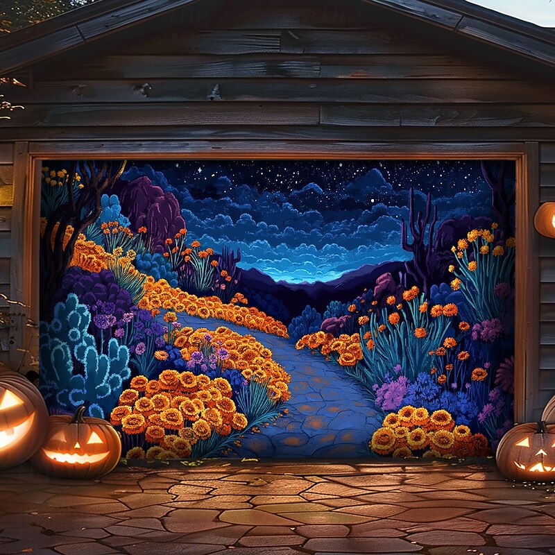Day of the Dead Garage Door Cover Large Hanging Backdrop Marigold Mexico Dark Punk Gothic Style Party Outdoor Shooting Backgrounds Front Door Home Decor