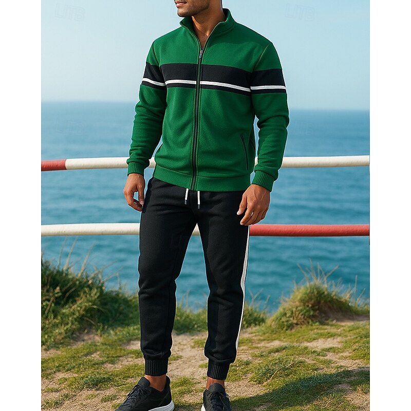 Men's Casual Tracksuit Sweatsuit Sets Sportswear Full Zip Color Block Clothing Suit Fall Black Green Outdoor Travel Sports High Waist Windbreaker Long Sleeve Sport Activewear Micro-elastic Regular Fit4