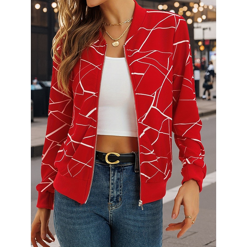 Women's Casual Jacket Warm Quick Dry Zipper Pocket Fashion Daily Casual Abstract Vacation Casual Daily Regular Baseball Collar Regular Fit Long Sleeve Outerwear Navy White Red Spring Fall4