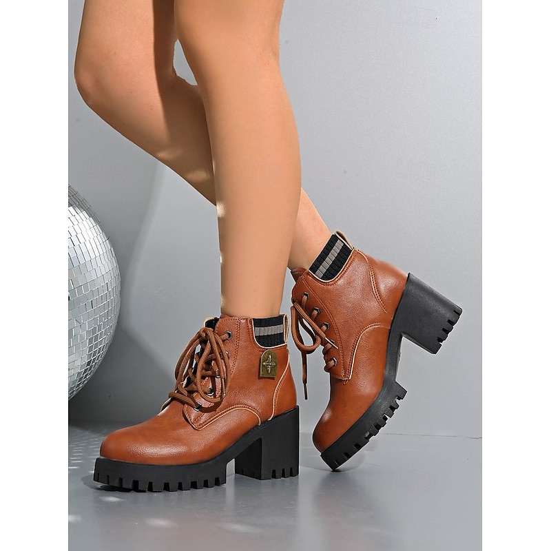 Women's Chunky Heel Ankle Boots - Lace - Up Brown Leather - Look Platform Booties4
