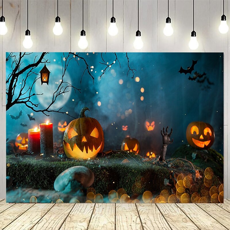 Halloween Photo Backdrop, Large Hanging Tapestry with Night Pumpkin Lantern Pattern, Wall Mural Art for Party Decoration, Photography Background, Bedroom and Living Room Decor2