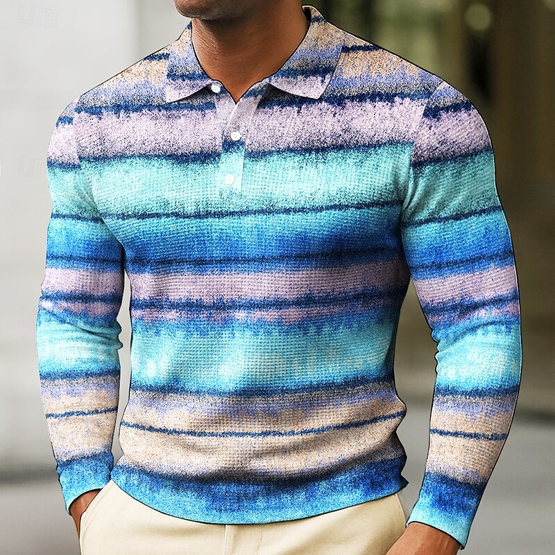 Men's Striped Waffle Polo Shirts Long Sleeve Polo Shirts Collared Shirts Vintage Athleisure Daily Wear 3D Print Buttons Spring Fall Red Blue Green3