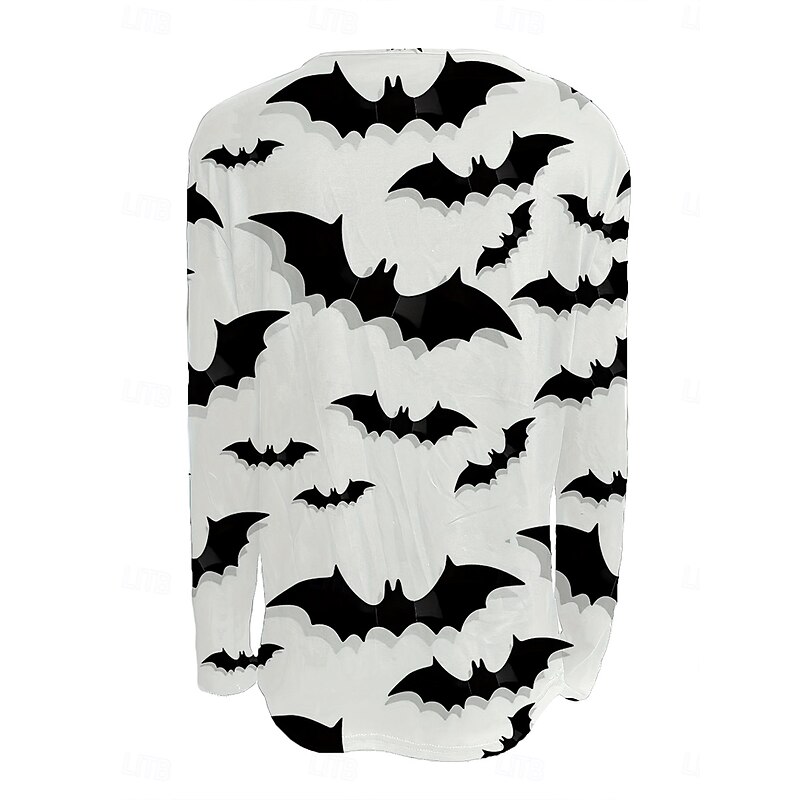 Halloween Women's T shirt Bat Graphic Skull Elegant Vintage Stylish Long Sleeve V Neck Round Neck Notched Neck Regular Tops Daily Weekend Zipper Print Black and White Spring Fall Winter2