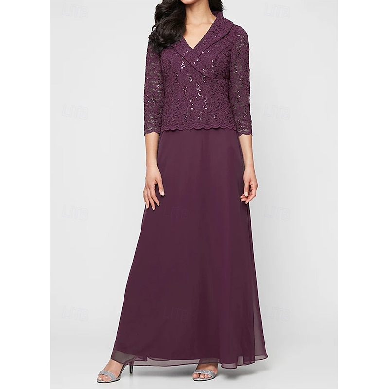 A-Line Mother of the Bride Dress Portrait Collar Elegant Simple Minimalist V Neck Floor Length Chiffon Sequin Lace 3/4 Length Sleeve with Scalloped Hem4