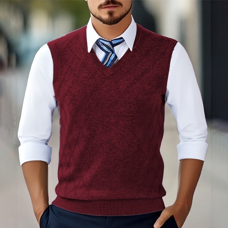 Men's Sweater Vest Dress Sweater Pullover Sweater Jumper Vest Knit Sweater Ribbed Knit Regular Tops Knitted V Neck Daily Wear Date Clothing Apparel Fall Winter Wine Dark Navy S M L4