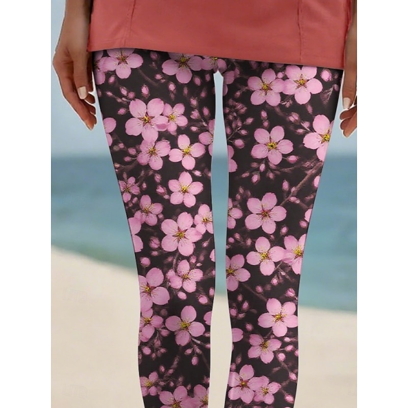 Women's Pants Trousers Leggings Streetwear Casual Full Length High Waist Floral Elastic Waist Print Breathability Comfortable Stretchy Vacation Street Daily Wear Pink Summer Spring Fall Regular Fit2