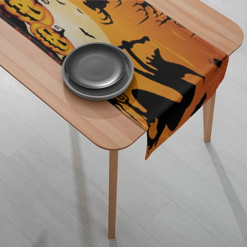 Halloween Table Runner - Digital Printed Rectangular Tablecloth 33x180cm, Spooky Party Decor for Restaurant Banquet Dining (Black/Orange)4