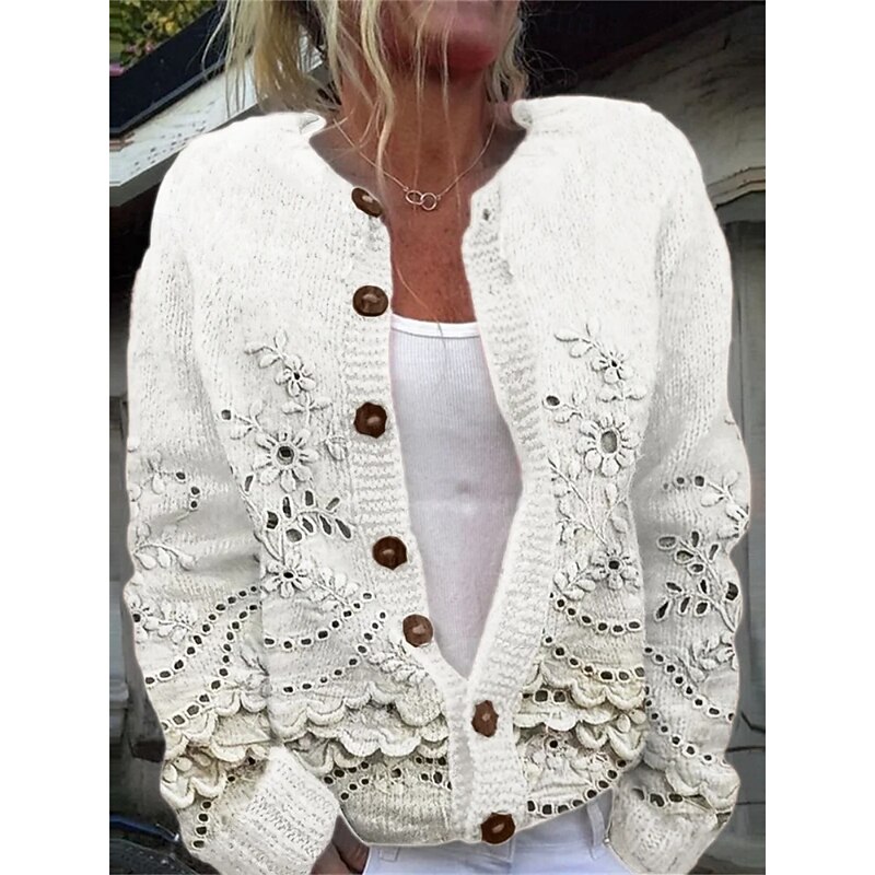 Women's Cardigan Vacation Daily Floral Ribbed Crew Neck Buttons Print Long Sleeve Regular Tops Knit Outdoor Daily Holiday White Pink Fall Winter2