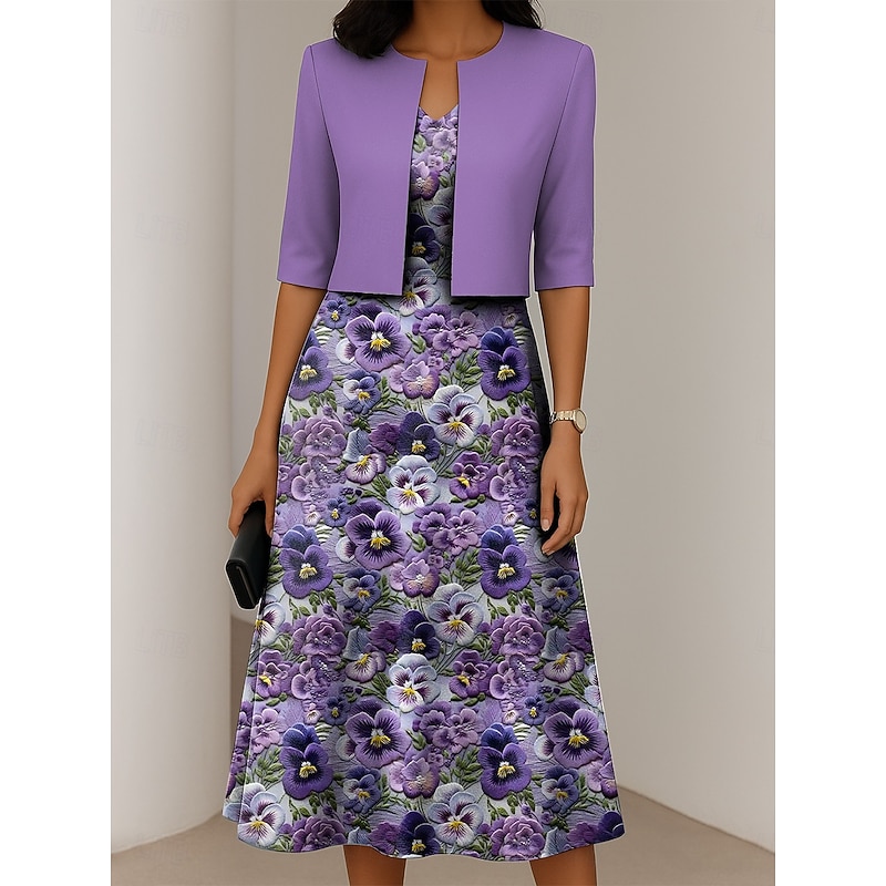 Women's Dress Set A Line Dress Elegant Casual Floral Graphic Print Midi Dress Half Sleeve Crew Neck Formal Vacation Blue Purple Dark Blue Summer Spring Regular Fit