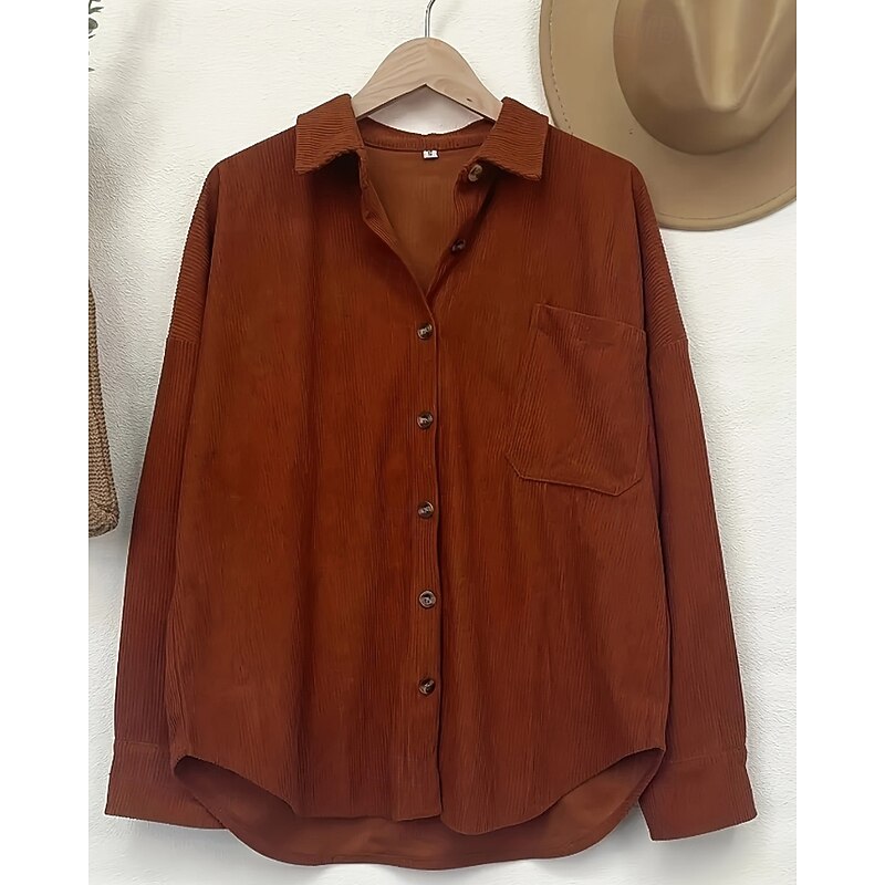 Women's Shirt Jacket Shacket Comfortable Pocket Buttons Casual Plain Outdoor Vacation Going out Weekend Single Breasted Regular Turndown Regular Fit Long Sleeve Outerwear Black Pink Wine Fall Winter4