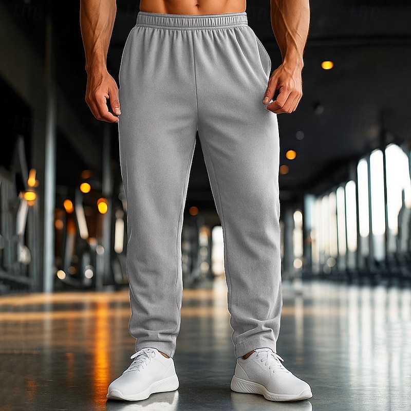 Men's Sweatpants Fleece Pants Joggers Trousers Straight Leg Sweatpants Elastic Waist Straight Leg Solid Color Plain Breathable Full Length Sports Outdoor Vacation Ethnic Style Black Navy Blue2