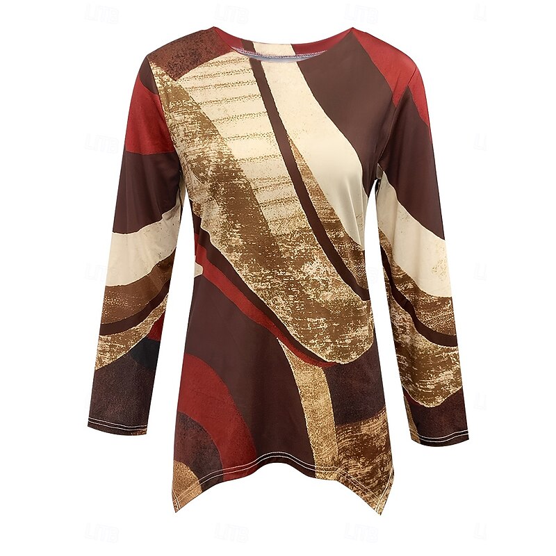 Women's T Shirt Graphic Geometric Vintage Stylish Casual Long Sleeve Crew Neck Regular Tops Daily Print Asymmetrical Red Purple Brown Green Khaki Summer Spring Fall2
