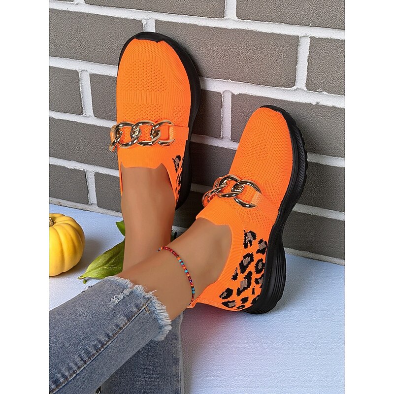 Women's Orange Flyknit Slip-On Sneakers with Leopard Print & Chain Detail – Trendy Chunky Sole Shoes for Halloween, Festivals & Streetwear4