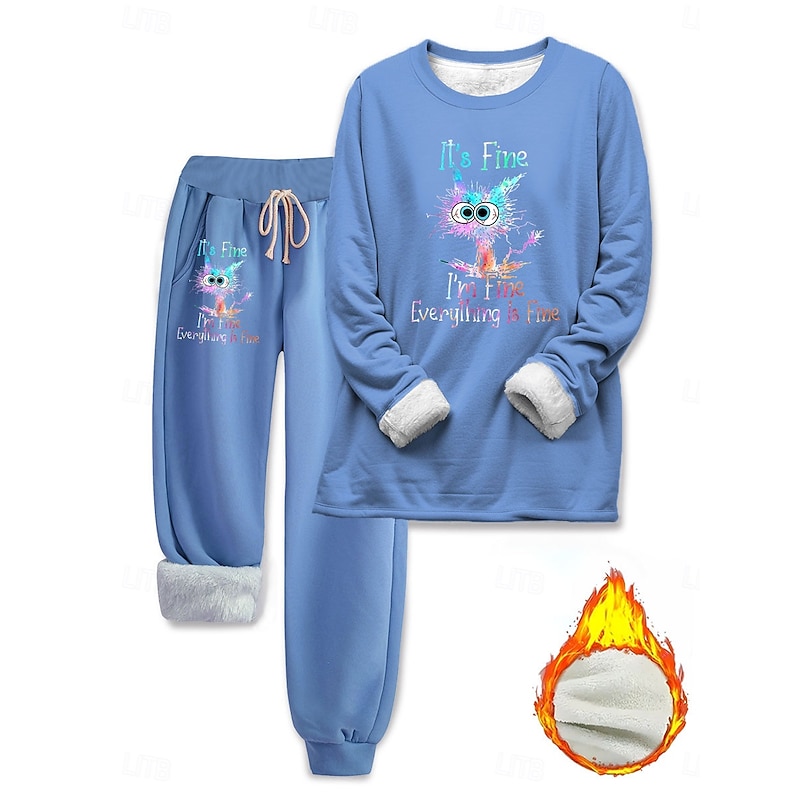Women's Pajamas Set Fleece Lined Elegant Warm Fashion Two Piece Sets Tracksuit Pants Sets Long Sleeve Crew Neck Graphic Animal Letter Print Outdoor Daily Black Dark Pink Blue Springt