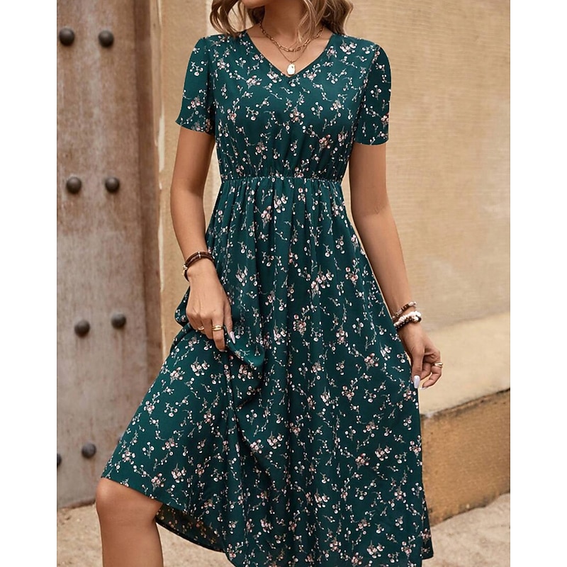 Women's Midi Dress Floral Dress Print Dress Classic Modern Outdoor Vacation Holiday Regular Fit Flower Short Sleeve V Neck Black Royal Blue Brown Green Summer