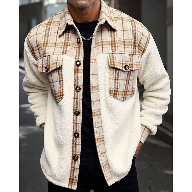 Men's Fleece Shirt Shacket Shirt Jacket Winter Jacket Plaid Vacation Daily Wear Beige Long Sleeve Lapel Fall Winter Clothing Apparel Pocket