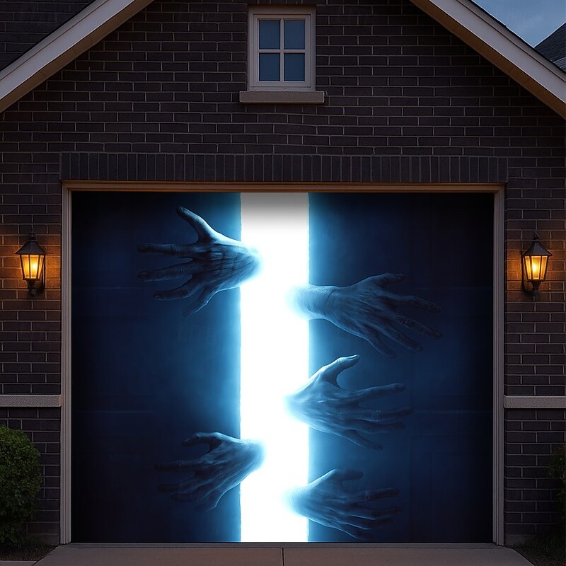 Halloween Outdoor Garage Door Cover Creepy Hands Breaking Through the Garage Door Banner Large Tapestry Backdrop Decoration for Holiday 2025 Halloween Zombie Containment Unit Garage Door Decorations3