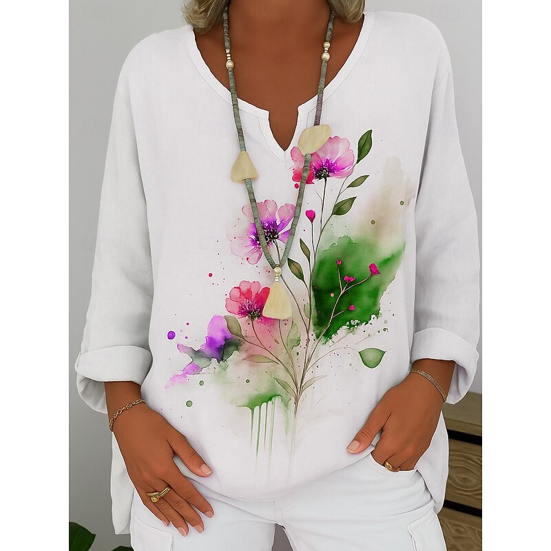 Women's Shirt Floral Graphic Abstract Elegant Bohemia Vintage Long Sleeve V Neck Regular Tops Daily Holiday Pink Blue Purple Green Summer Spring2