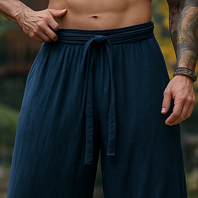 Men's Linen Pants Trousers Summer Pants Baggy Pants Elastic Cuff Plain Comfort Breathable Full Length Outdoor Casual Daily Vacation Vintage Army Green Red Inelastic2