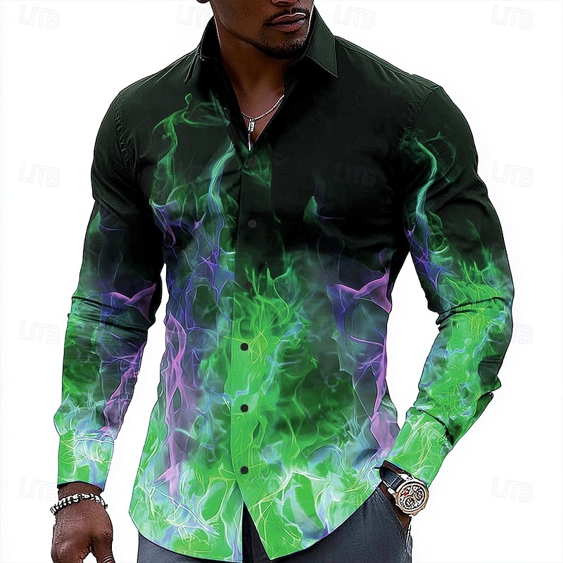 Men's Optical Illusion Flame Shirt Button Up Shirt Casual Dress Shirt Long Sleeve Casual Outdoor Holiday Summer Spring Turndown 3D Print Collared Shirts Black Red Purple Green4
