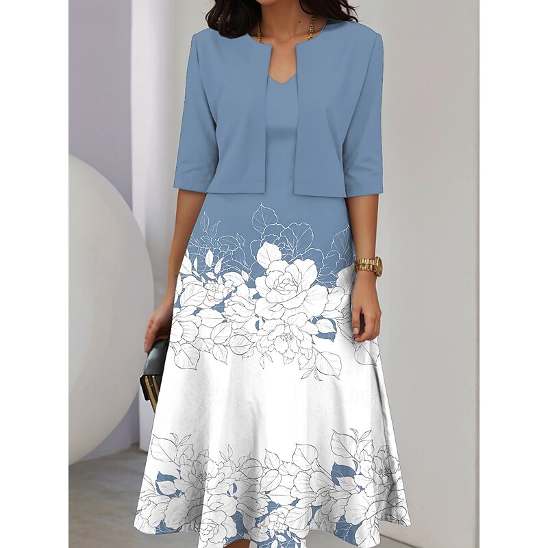 Women's Two Piece Dress Sets Midi Dress with Jacket Elegant A Line Dress Half Sleeve Casual Semi Formal Ombre Floral Print V Neck Date Light Yellow Blue Green Regular Fit