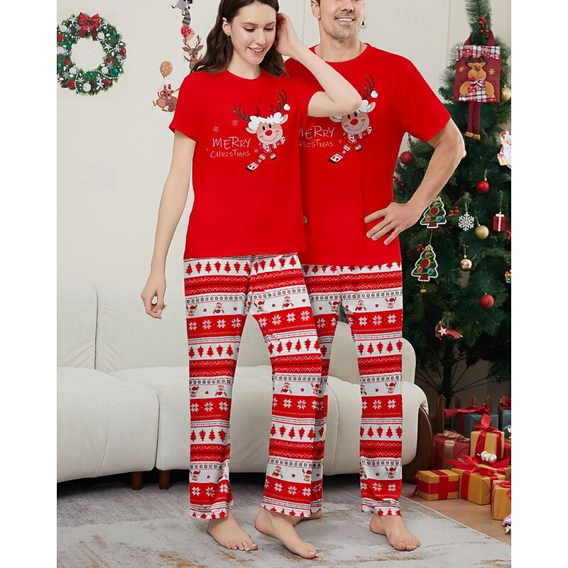 Family Pajamas Christmas Pattern Home Print Red Short Sleeve Active Matching Outfits3