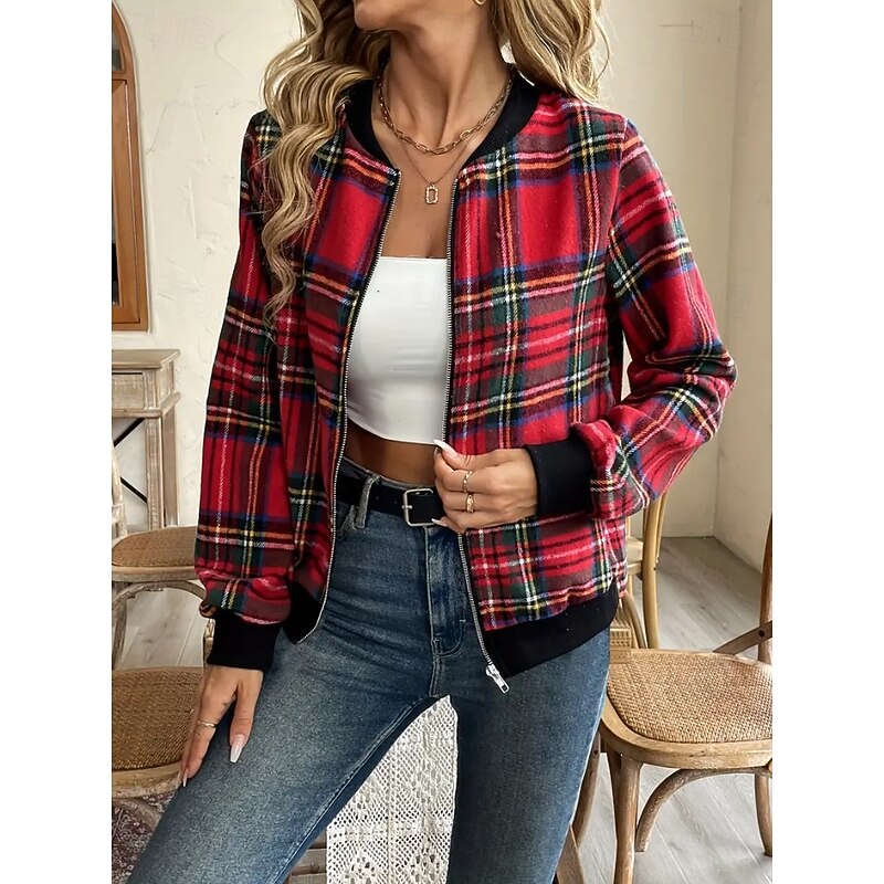 Women's Casual Jacket Warm Quick Dry Zipper Pocket Elegant Fashion Daily Simple Geometric Vacation Casual Daily Holiday Regular Baseball Collar Regular Fit Long Sleeve Outerwear Red Drak Red Fall3