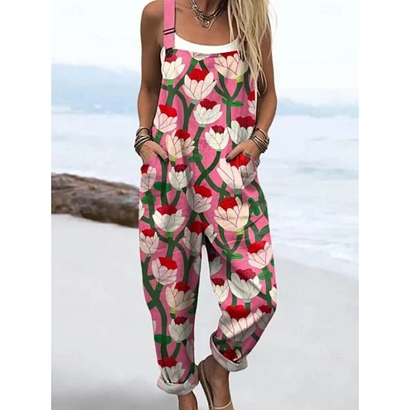 Women's Dungarees Active Floral Sleeveless Sleeveless Straight Square Neck Pocket with Pocket Vacation Daily Loose Fit Pink Red Beige Summer2