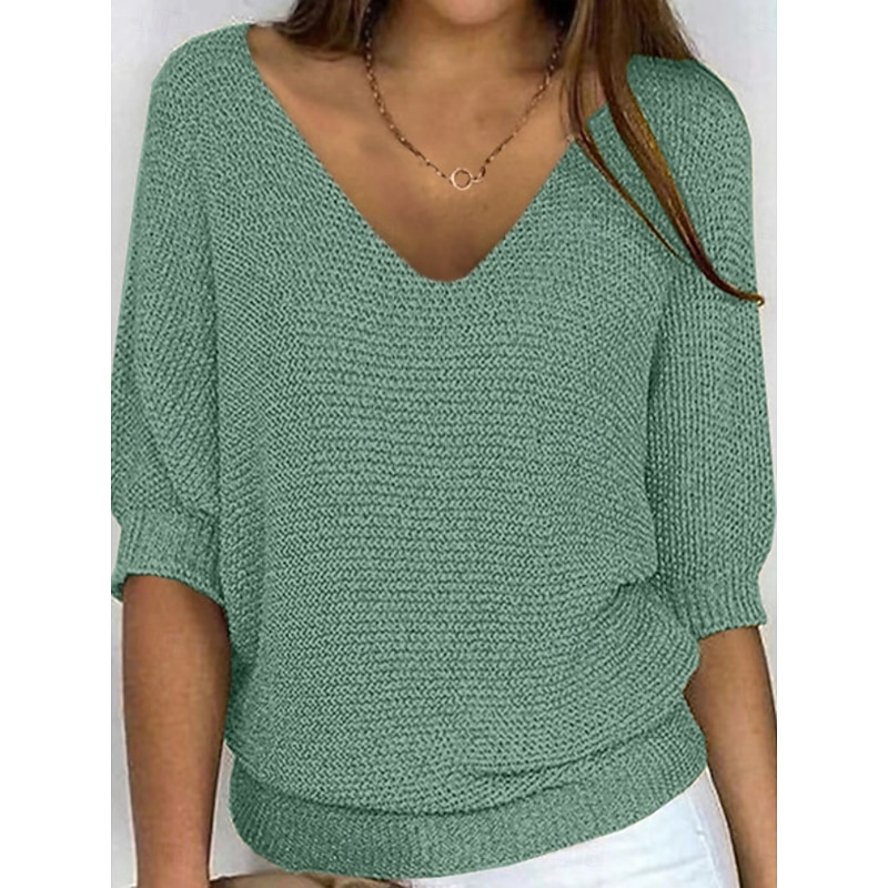 Women's Sweater Pullover Daily Stylish Casual Solid Color Ribbed V Neck Knitted 3/4 Length Sleeve Regular Tops Knit Outdoor Daily Black Light Green Summer Spring2