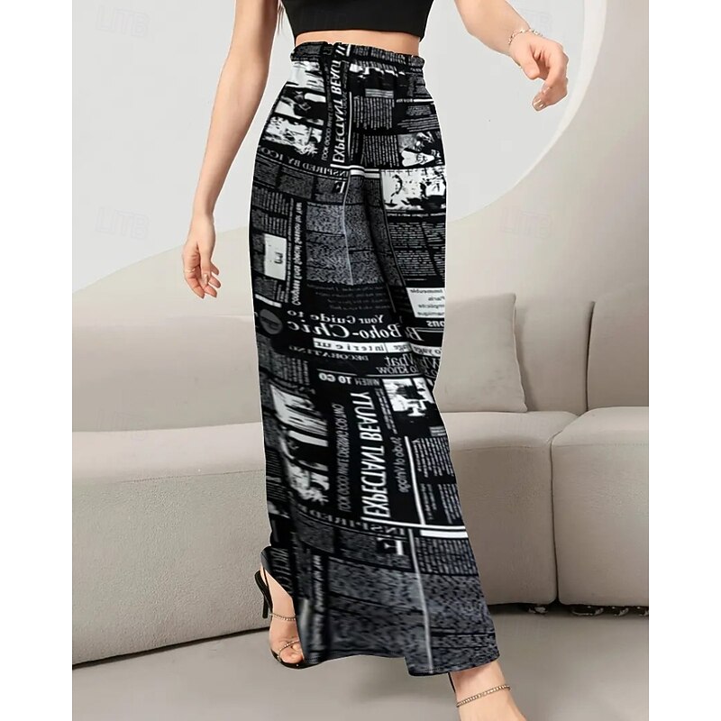 Women's Wide Leg Slacks Streetwear Casual Full Length Natural Flower Elastic Waist Printing Comfy Outdoor Vacation Going out Black White Fall Regular Fit4