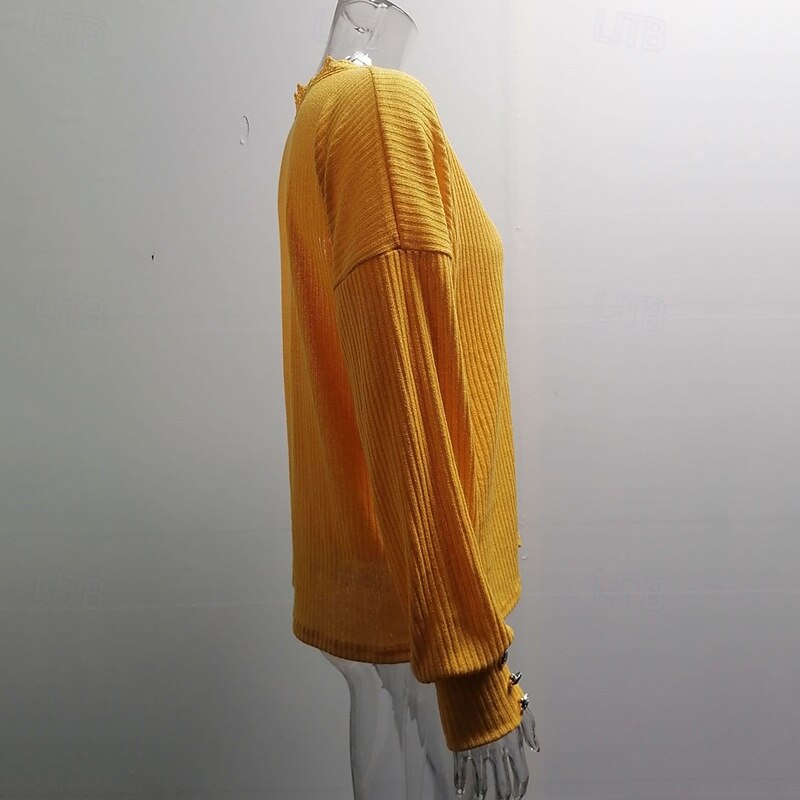 Women's Sweater Fashion Solid Color Ribbed V Neck Knitted Long Sleeve Regular Tops Knit Holiday Going out Weekend Black Yellow Fall3