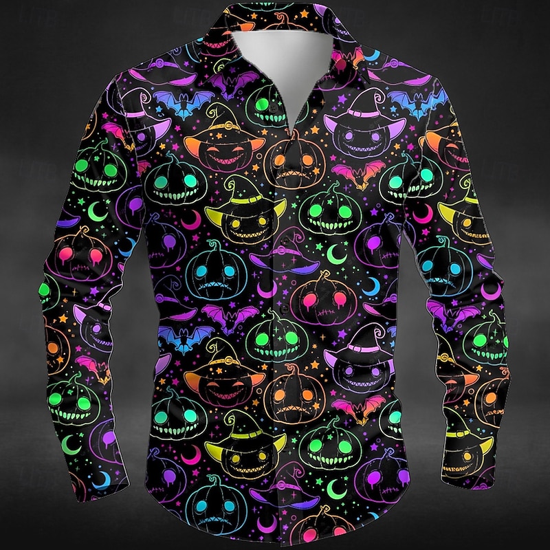 Halloween Men's Pumpkin Neon Halloween Costumes Shirt Button Up Shirt Long Sleeve Dark Gothic Style Outdoor Holiday Summer Spring Turndown 3D Print Collared Shirts Red Blue Purple
