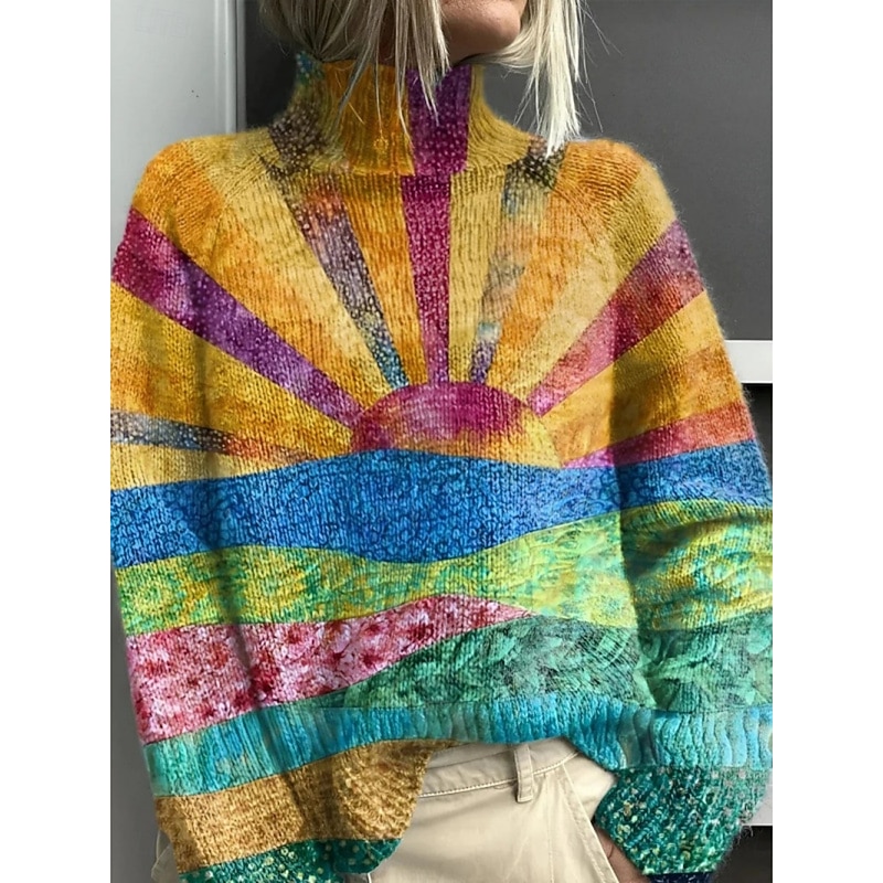 Women's Sweater Casual Soft Color Block Ribbed Turtleneck Knitted Print Long Sleeve Regular Tops Knit Outdoor Daily Weekend Yellow Blue Fall Winter - Main Image