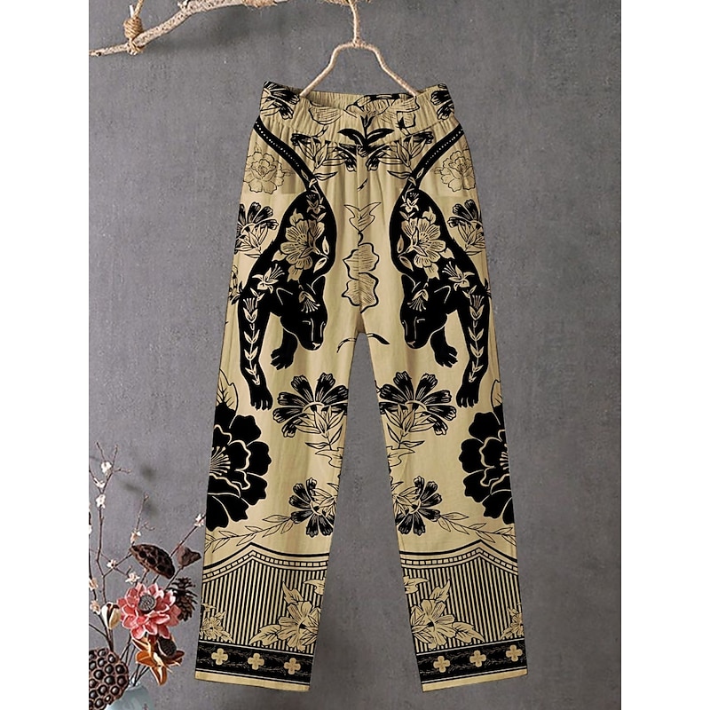 Women's Chinos Pants Trousers Streetwear Casual Full Length High Waist Floral Elastic Waist Print Breathability Comfortable Stretchy Vacation Street Daily Wear Yellow Summer Spring Fall Regular Fit