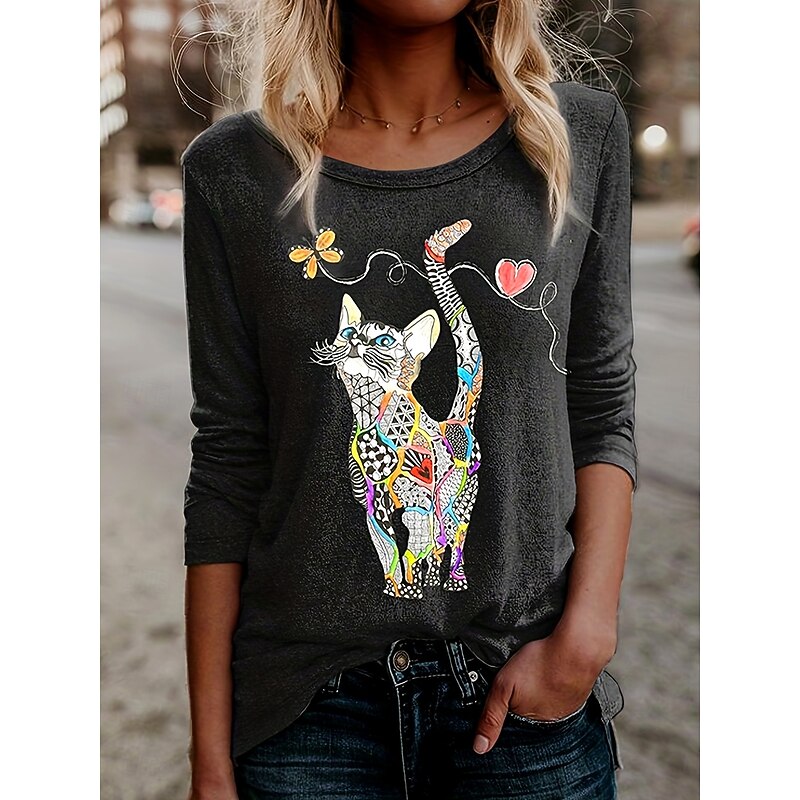 Women's T shirt Long Sleeve Floral Graphic Cat Vintage Stylish Classic Long Sleeve Crew Neck Regular Tops Daily Print Black Blue Green  Spring Fall Prefall4