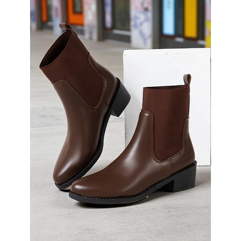 Women's Black Faux Leather Chelsea Ankle Boots - Elastic Slip-On Low Heel Booties for Daily Commuting, Fall Outfits and Urban Casual Wear2