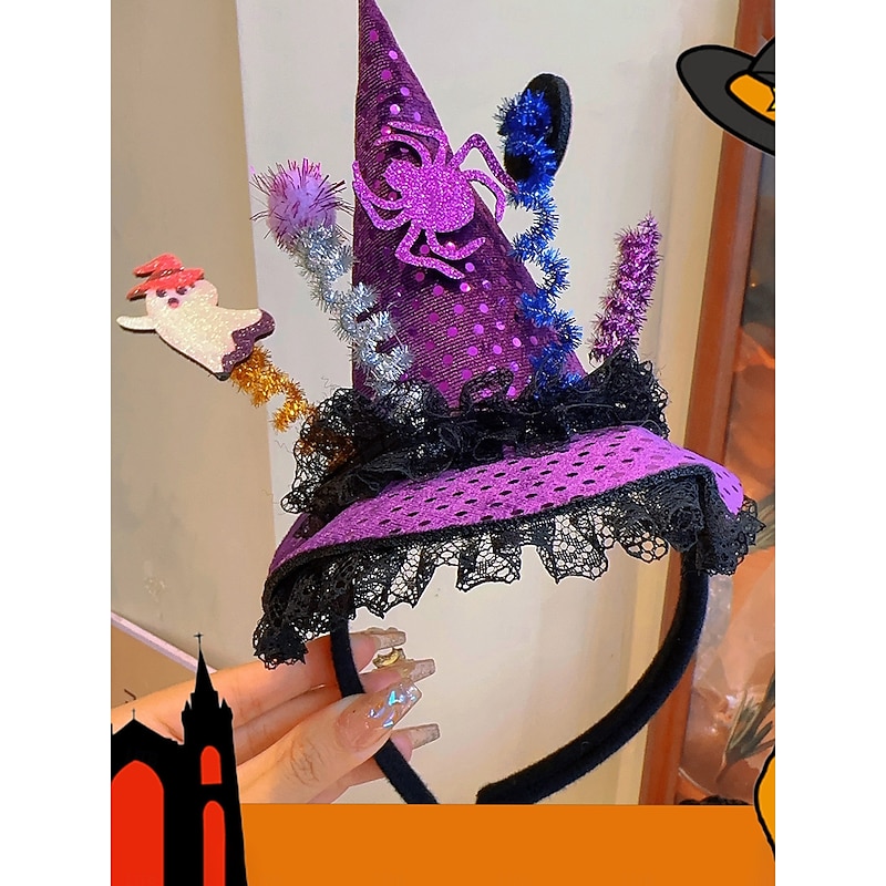 Women's Halloween Witch Hat Headband - Purple Spider and Ghost Decor Costume Accessory for Party, Cosplay and Dress Up4
