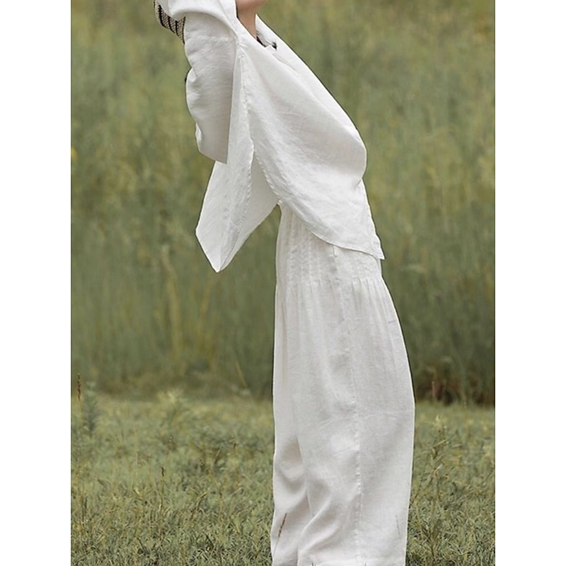 Women's Elegant Fashion Streetwear Cotton Linen Sets Long Sleeve Shirt Collar Plain Outdoor Work Casual White Summer Regular Fit4