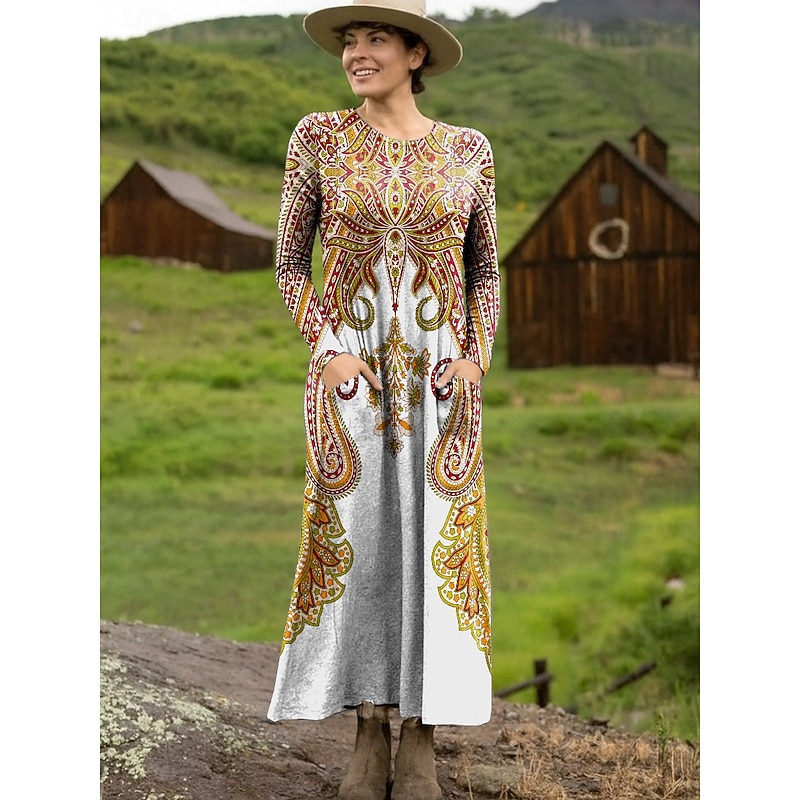 Women's Maxi Dress Sheath Dress T Shirt Dress Tee Dress Vacation Casual Boho Holiday Date Regular Fit Graphic Geometric Tribal Long Sleeve Crew Neck Black Yellow Red Light Brown Spring Fall2