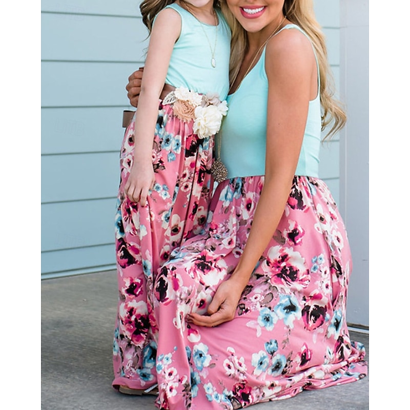 Mommy and Me Dresses Floral Street Patchwork Black Pink Wine Sleeveless Maxi Tank Dress Active Matching Outfits3