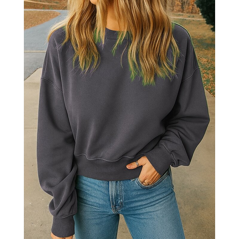 Women's Pullover Sweatshirt Plain Casual Long Sleeve Round Neck Regular Tops Street Holiday Going out Navy Blue Purple Brown Green Dark Gray Fall2
