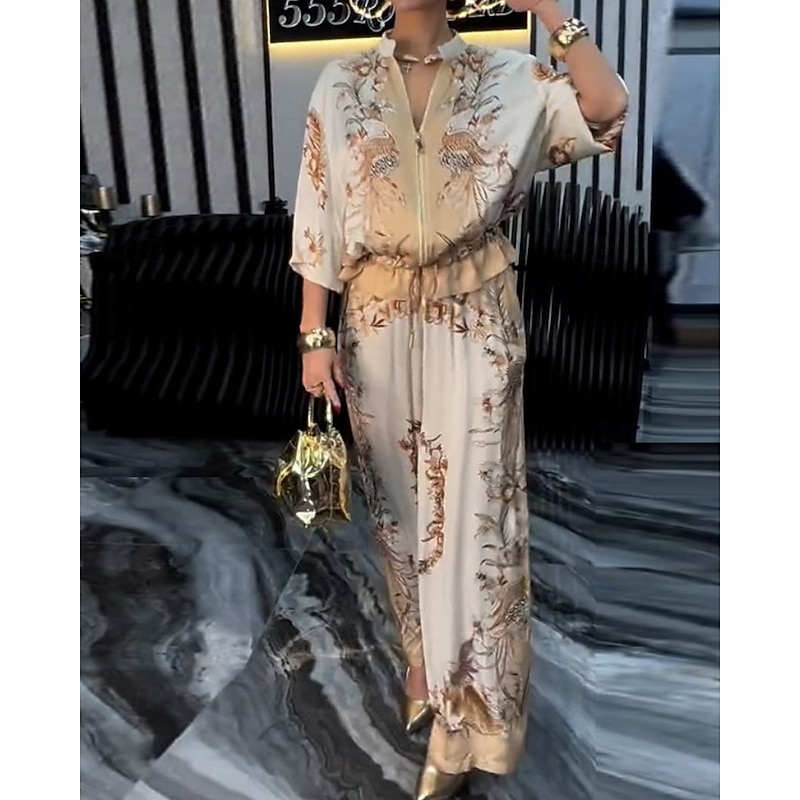 Women's Active Fashion Blouse Pants Sets Long Sleeve Stand Collar Floral Drawstring Print Outdoor Going out Blue Orange Green Fall Regular Fit