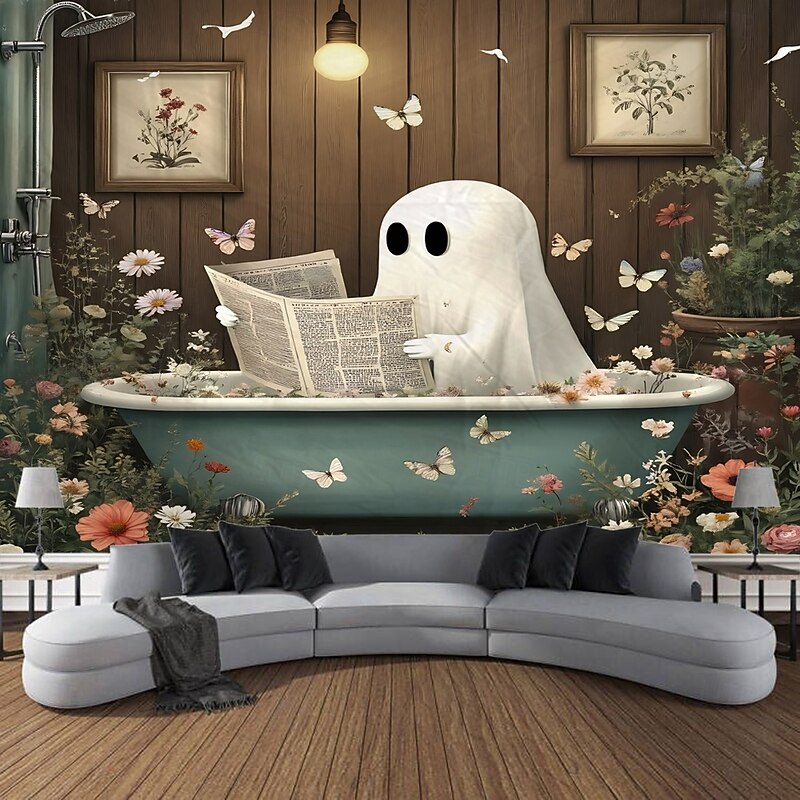 Halloween Photograph Backdrop Tapestry, Ghost and Pumpkin Pattern Wall Hanging, Large Decorative Mural for Bedroom, Living Room, Party, and Home Decoration2