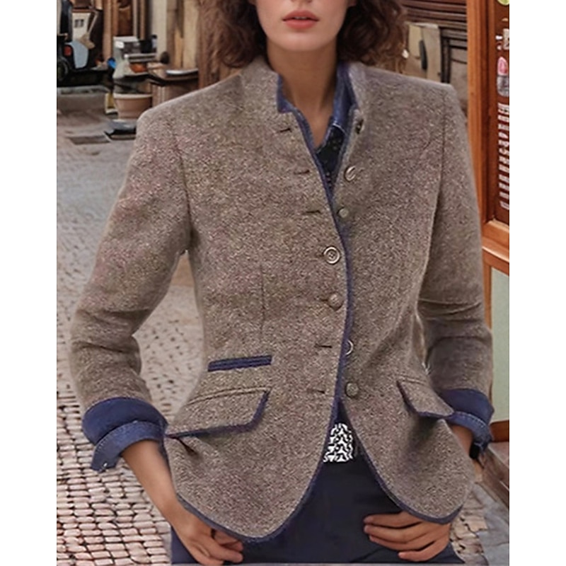 Women's Trench Coat Warm Comfortable Pocket Buttons Fashion Outdoor Plain Going out Weekend Single Breasted Regular Stand Collar Regular Fit Long Sleeve Outerwear Coffee Gray Fall Winter