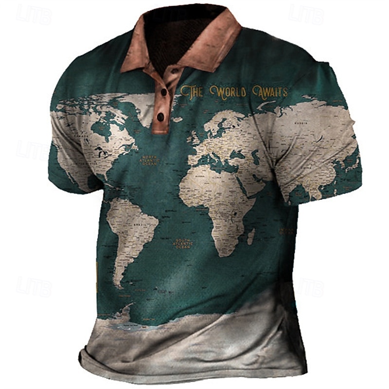 Men's Nautical Polo Shirts Golf Shirt Short Sleeve Polo Shirts Collared Shirts Vintage Casual Vacation Wear Boat Wear Party Outfits Buttons 3D Print Black Blue Brown3