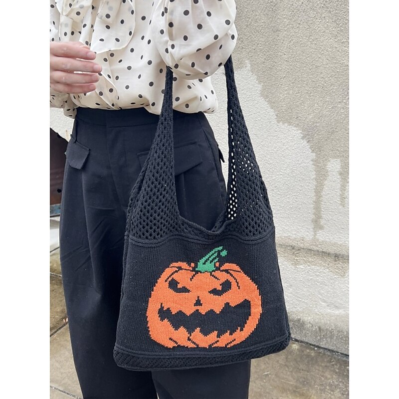 Women's Halloween Pumpkin Knit Tote Bag, Black Shoulder Handbag, Casual Trick-or-Treat Shopper for Festivals, Parties and Daily Use4
