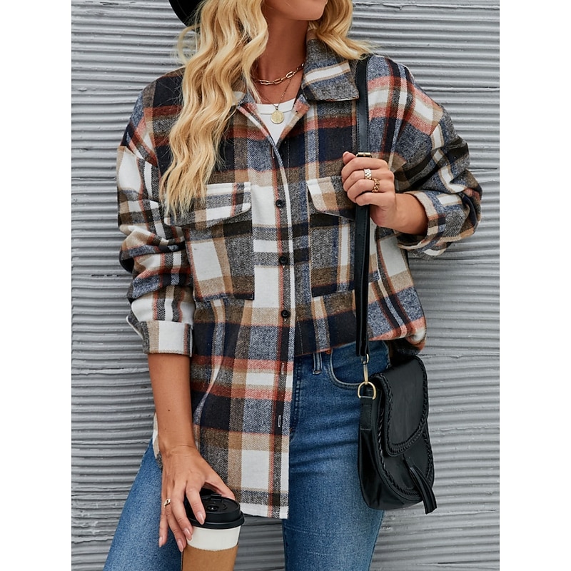 Women's Shirt Jacket Casual Jacket Comfortable Breathable Pocket Buttons Print Casual Plaid Vacation Street Casual Daily Wear Single Breasted Regular Turndown Regular Fit Long Sleeve Outerwear Blue2