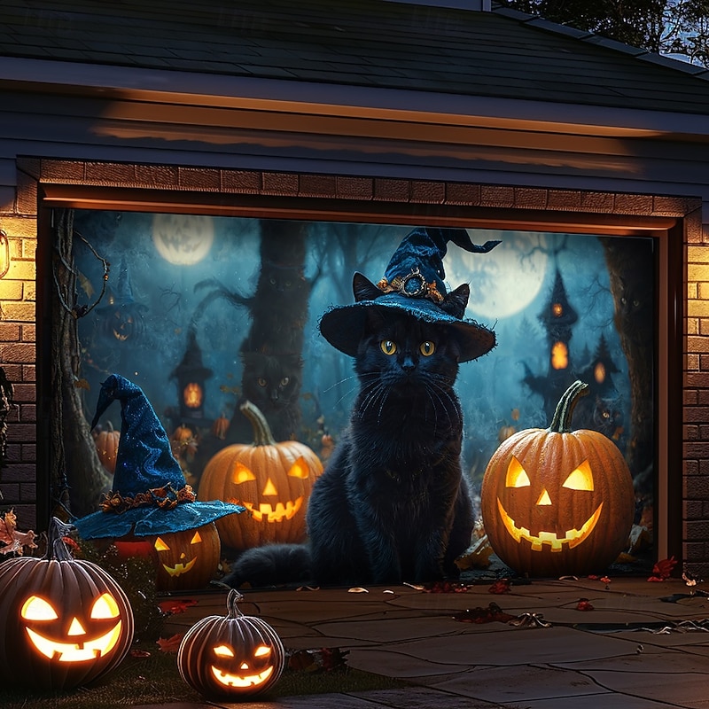 Halloween Garage Door Cover Large Hanging Backdrop Pumpkin Cat Dark Punk Gothic Style Party Outdoor Shooting Backgrounds Front Door Home Decor4