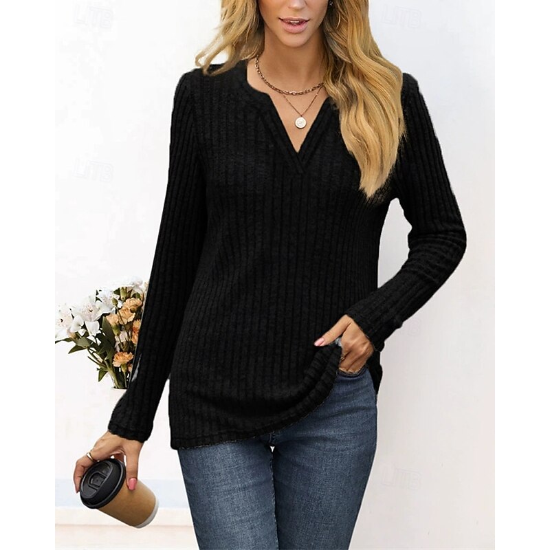 Women's Sweater Fashion Solid Color Ribbed V Neck Knitted Long Sleeve Regular Tops Knit Holiday Going out Weekend Black Wine Winter3