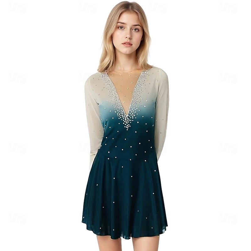 Figure Skating Dress Girls' Long Sleeves Competition Elegant Handmade Crystal Womens4